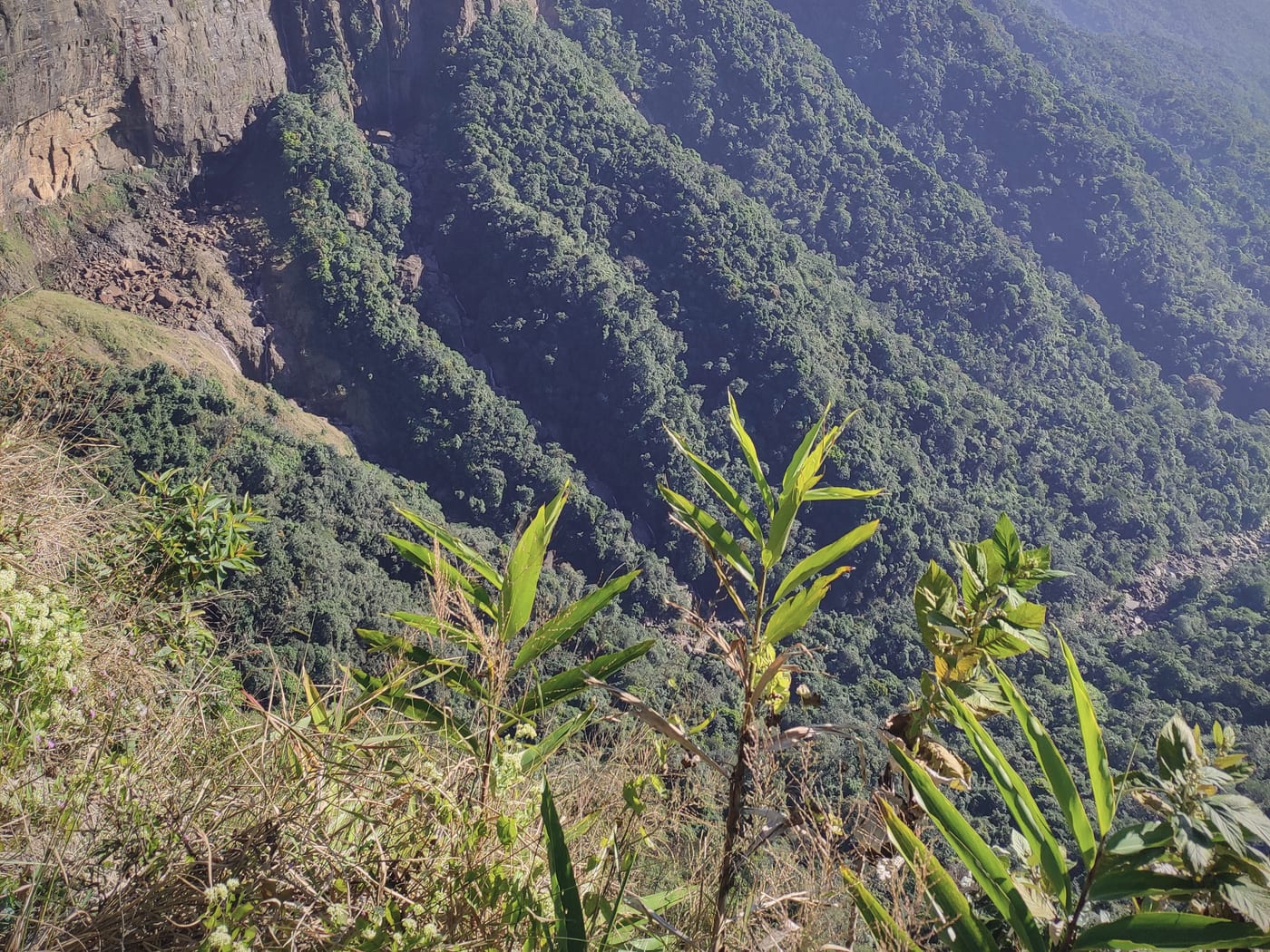 The same Nohsngithiang cliff in the dry season — completely bare, the falls 'switched off'